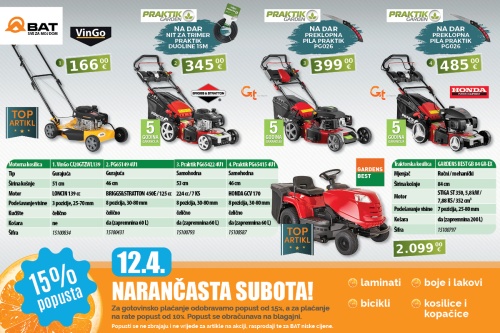 U subotu 12.4. - 15% popusta na kosilice i kopačice