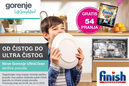 Kupnjom Gorenje UltraClean perilice posuđa dobivate gratis paket Finish kapsula