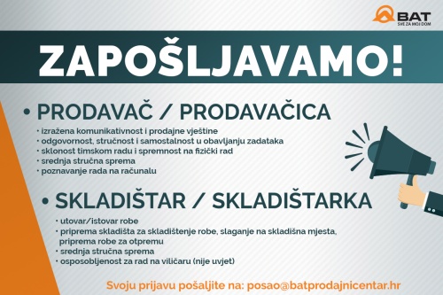 Zapošljavamo - prodavač/prodavačica i skladištar/skladištarka