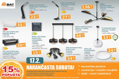 Ovu subotu 15% popusta na unutarnju i vanjsku rasvjetu