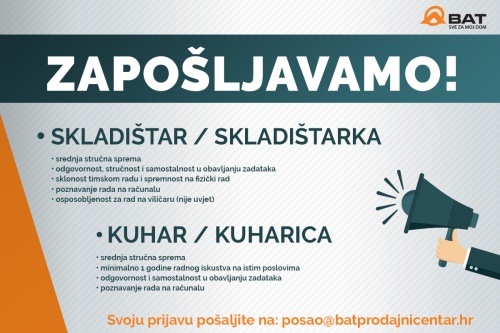 Zapošljavamo – kuhar (m/ž) / skladištar (m/ž)